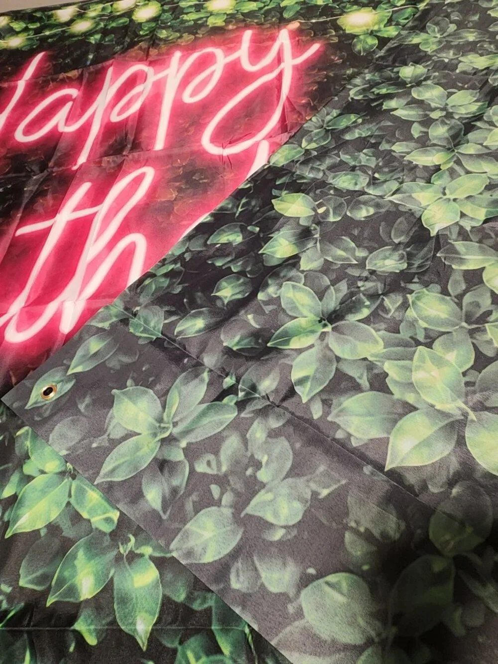 New: 5' x 7' Neon Pink Happy Birthday Banner with Ivy Backdrop